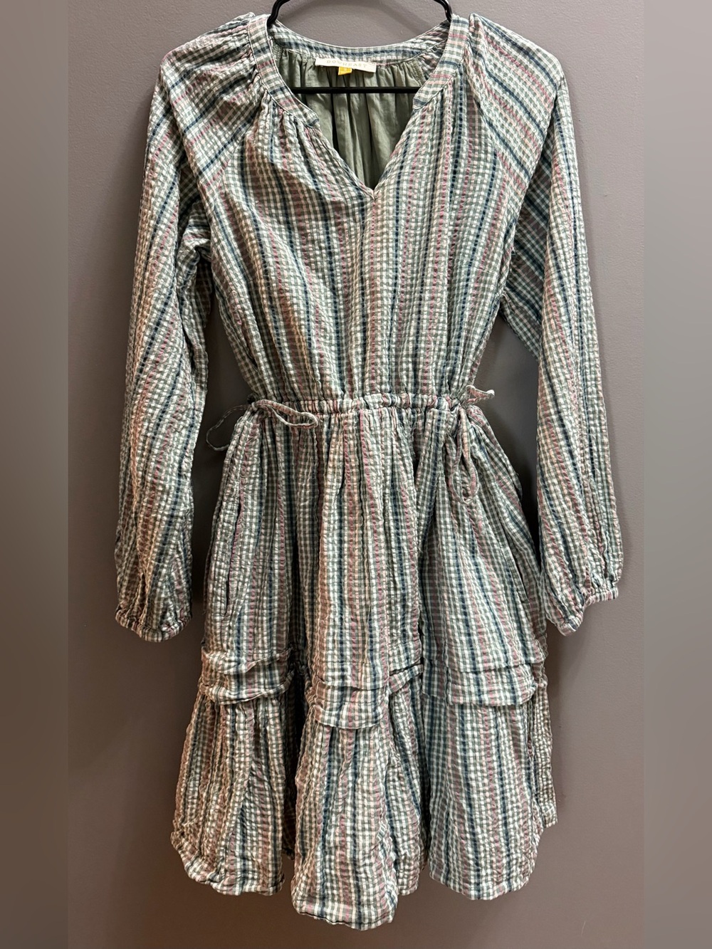 DownEast Striped Tiered Long-Sleeve Cotton Dress in Sage, Mauve, Ivory